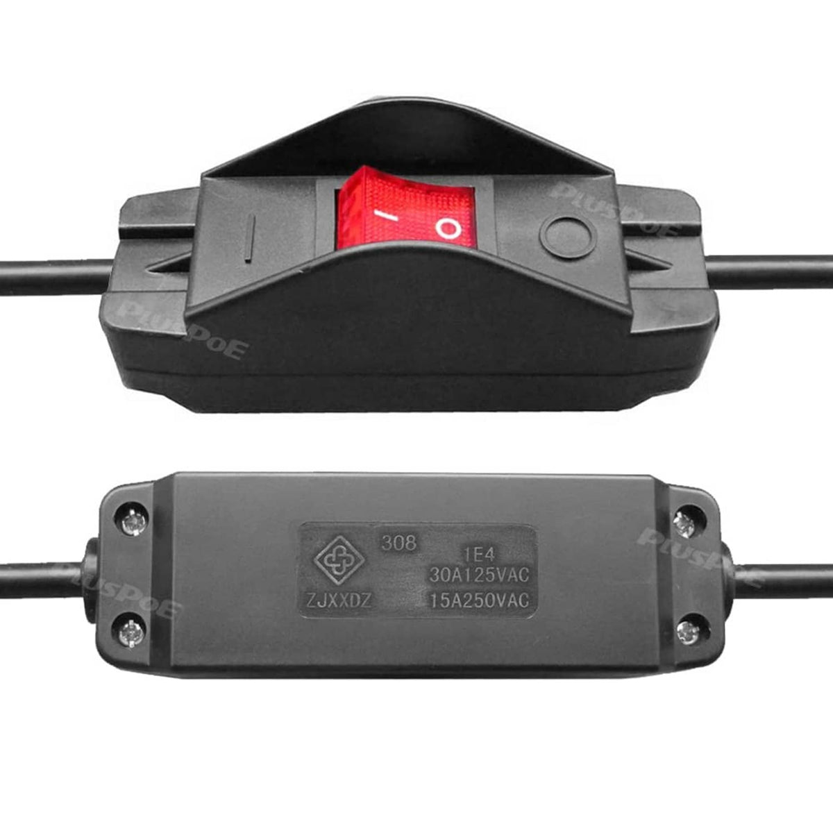 Inline rocker cord switch with red I/O rocker and black housing, front view.
