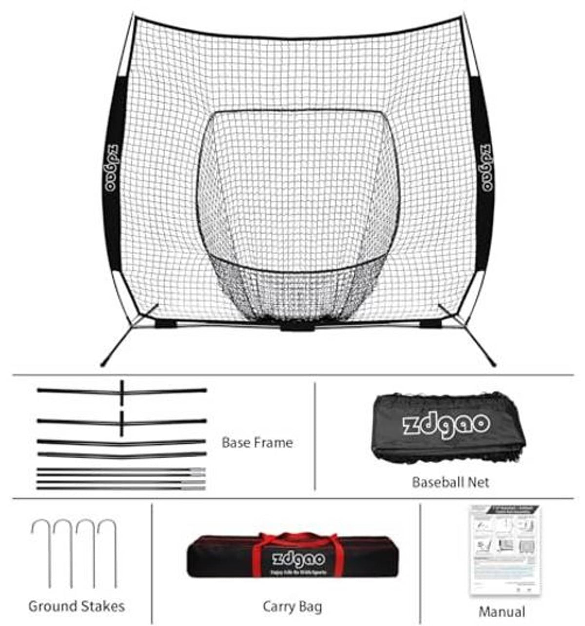 Baseball net kit with black frame, carry bag, ground stakes and instructions