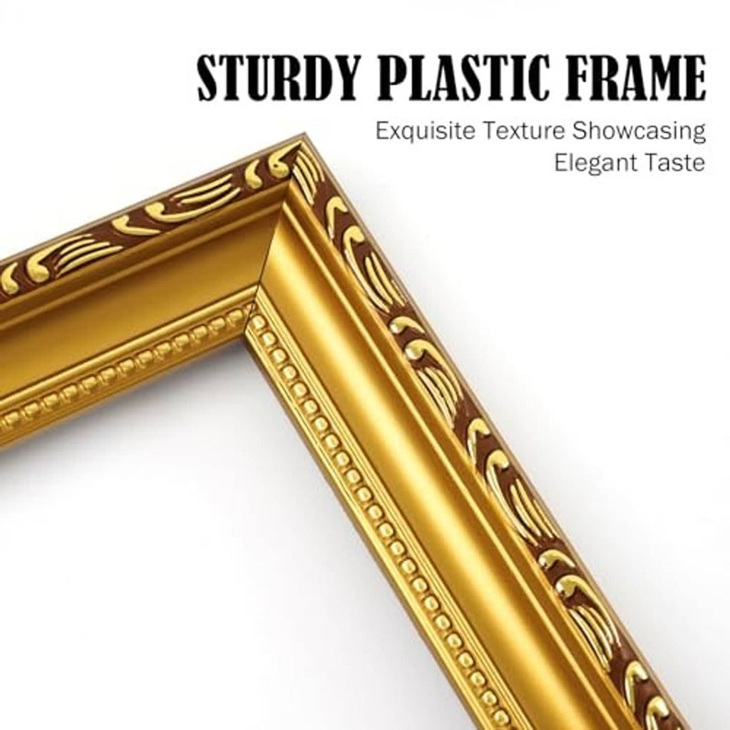 Corner detail of gold-toned ornate plastic frame with embossed scroll pattern