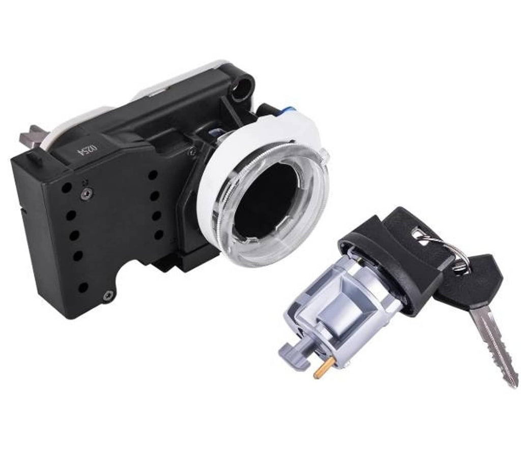 Ignition switch lock cylinder assembly with two keys, black housing and chrome ring.