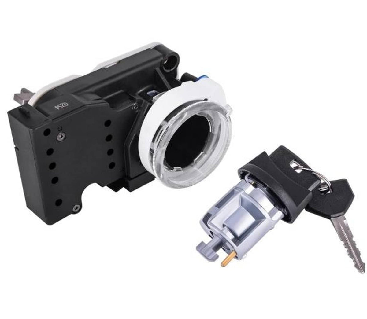 Ignition switch lock cylinder assembly with two keys, black housing and chrome ring.