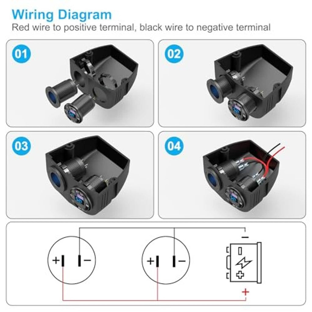 USB charger wiring diagram showing red positive and black negative terminal connections