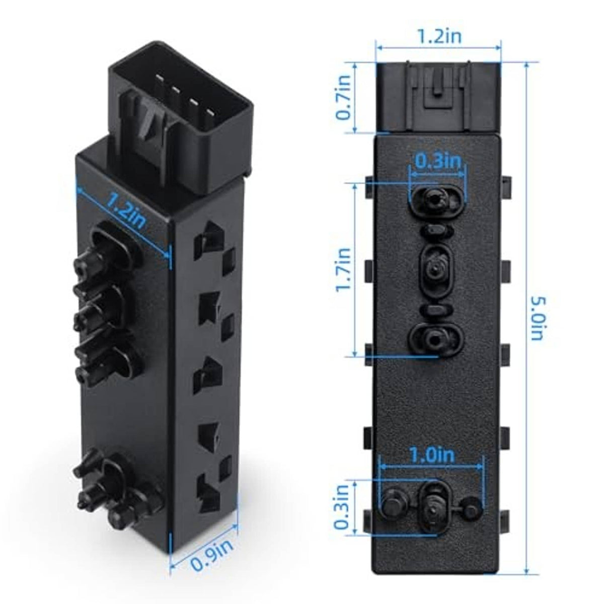 Black seat switch connector module with mounting pegs and rear plug ports