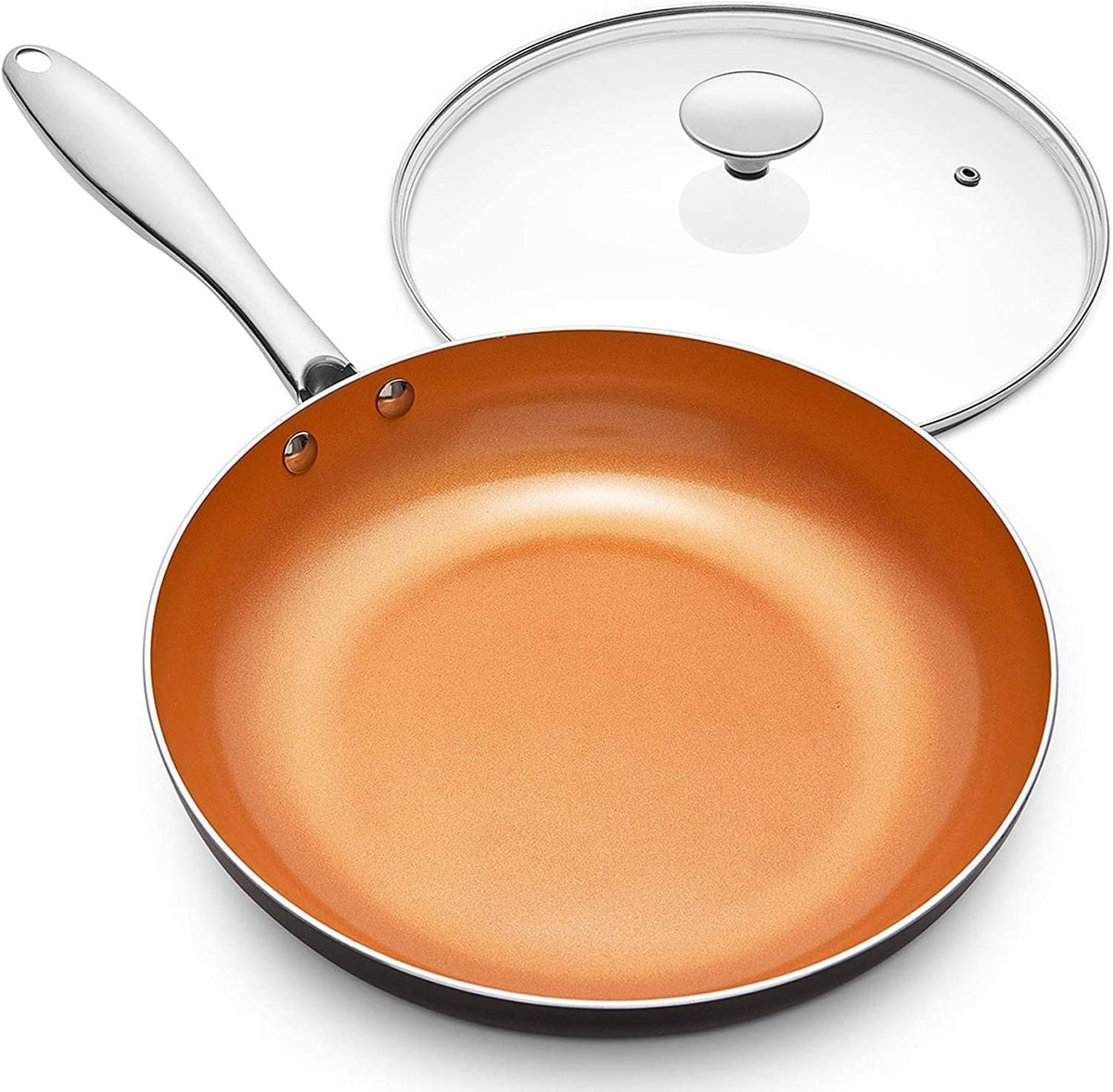 8 inch nonstick frying pan with tempered glass lid and stainless steel handle, orange interior