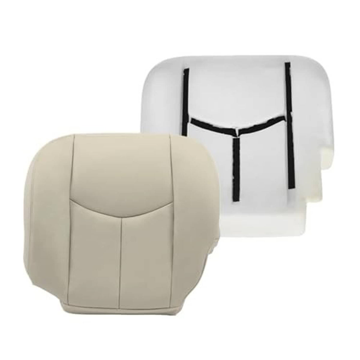 Light tan driver seat bottom replacement cushion cover with stitched seams and headrest cutout