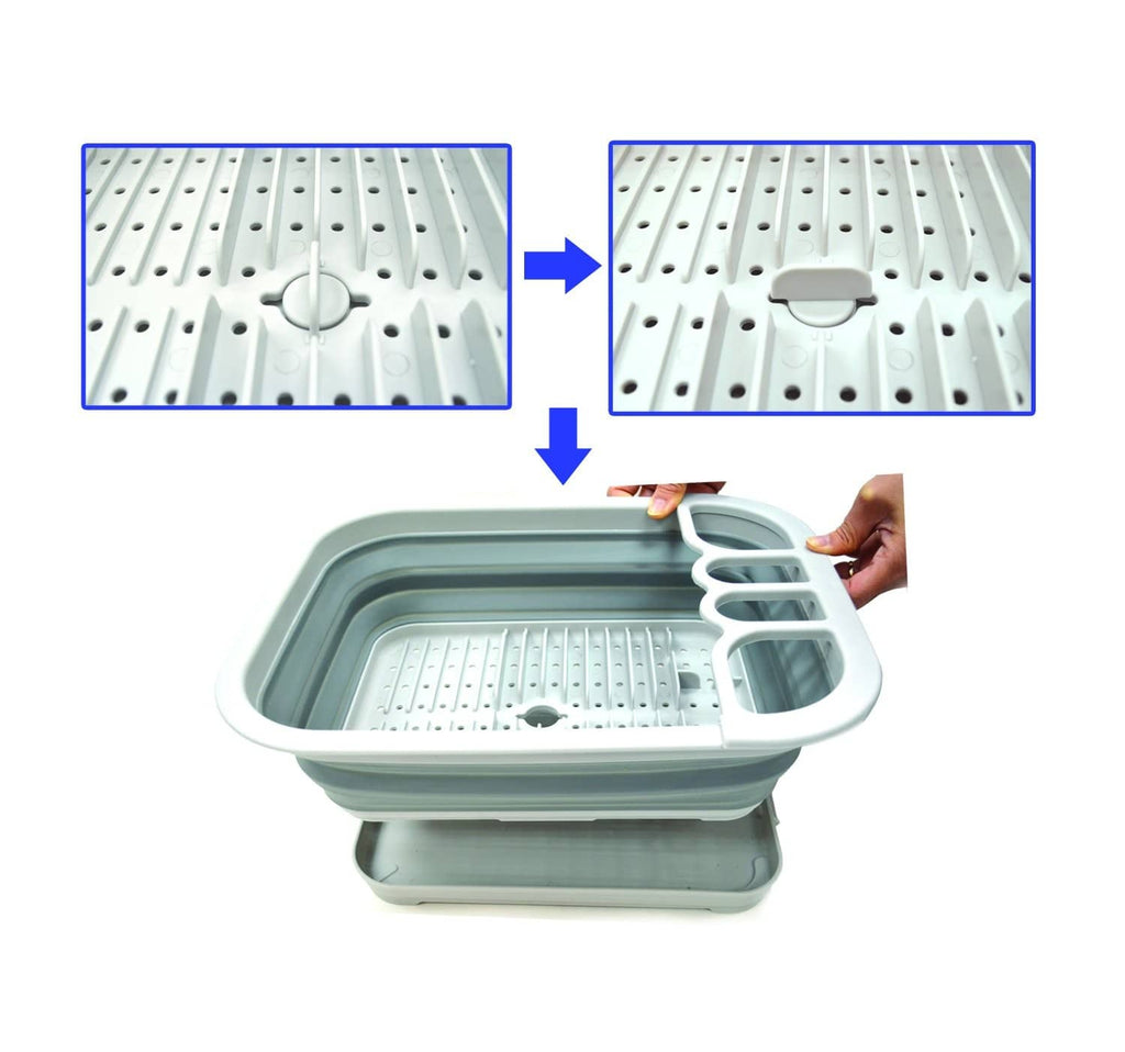 Gray foldable dish drainer with perforated rack, shown folding down and up