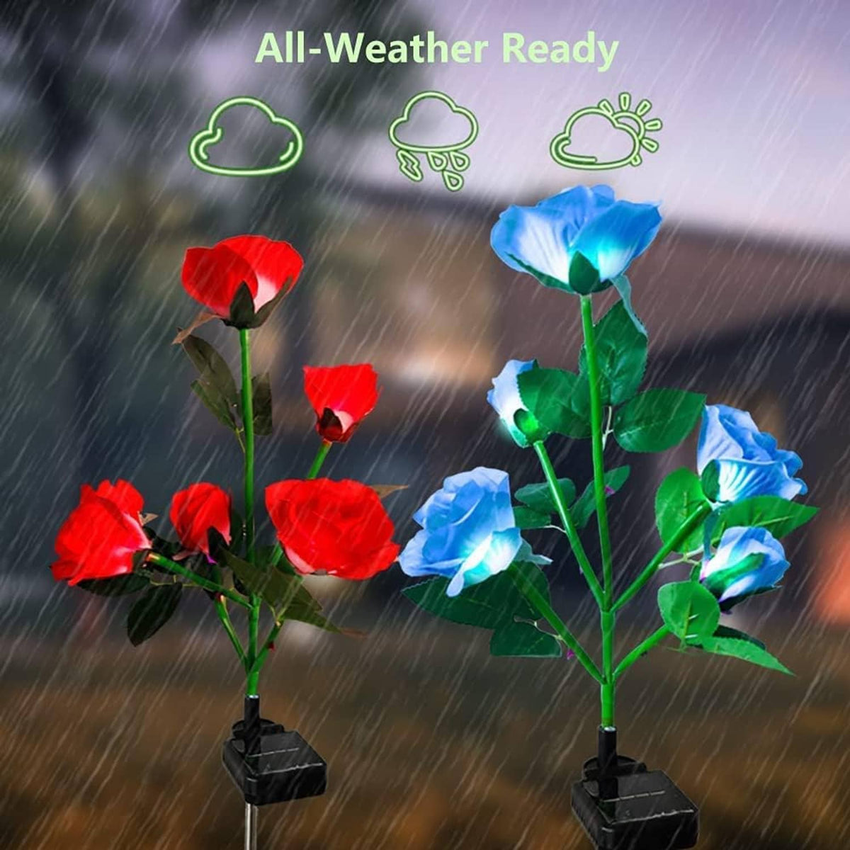 Outdoor solar rose lights with red and blue LED blooms on black stakes