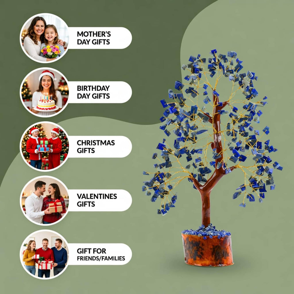Lapis lazuli crystal tree with golden wire branches and amber wooden base, gift display