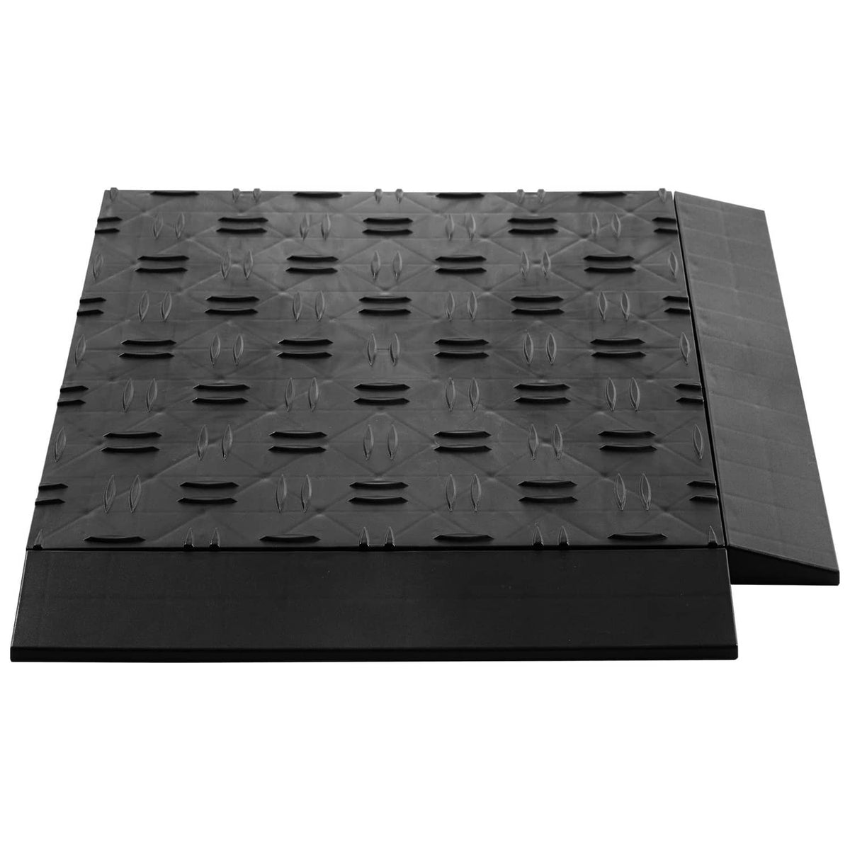 Black interlocking garage floor edge panels with raised leaf-like traction pattern