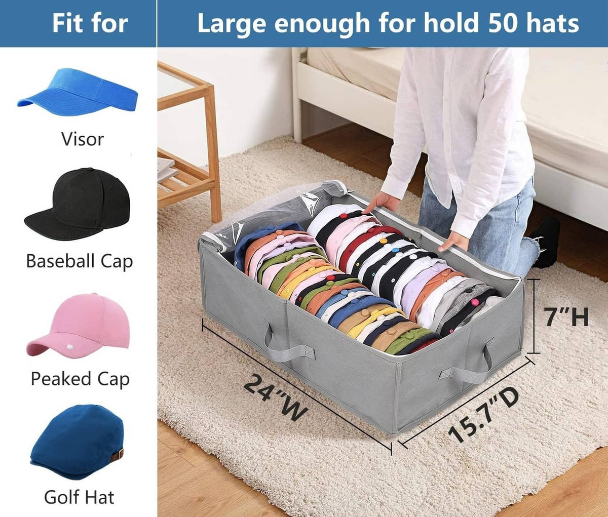 Gray large hat storage box with carrying handles, holding many baseball caps