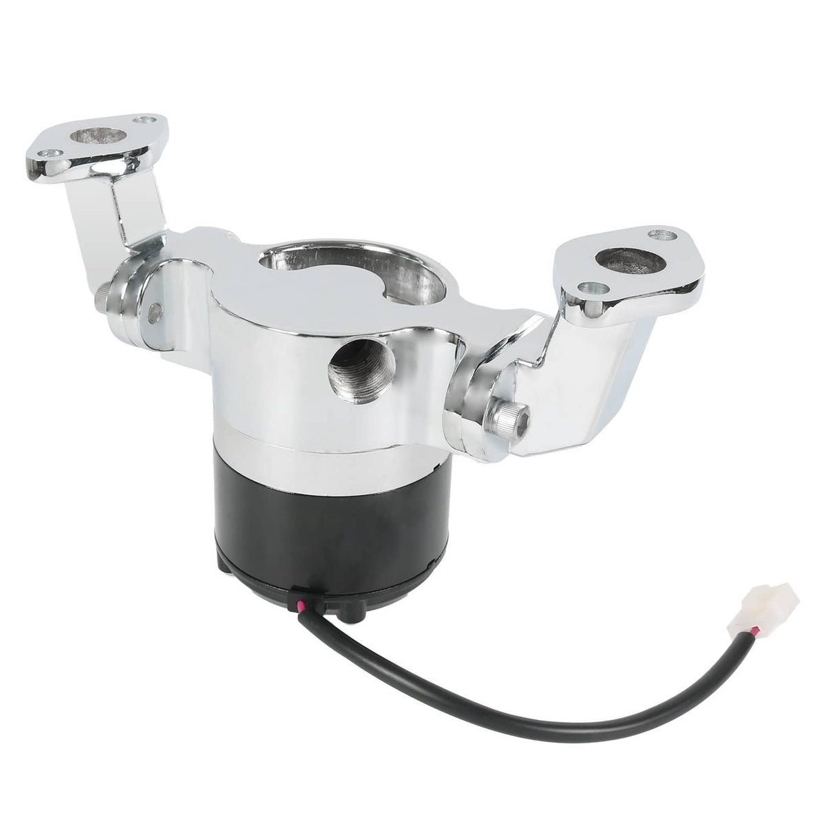 Chrome aluminum electric water pump with black motor housing and two mounting tabs
