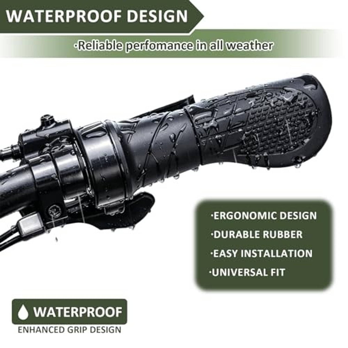 Water-resistant half-twist throttle grip with textured black rubber and weatherproof design