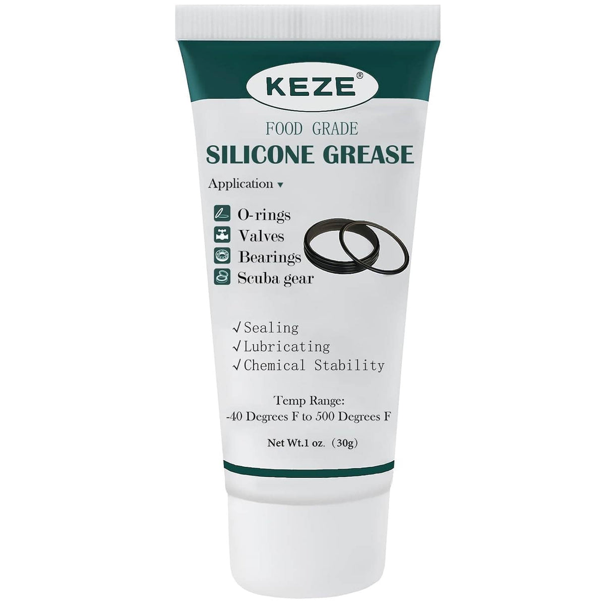KEZE food grade silicone grease tube, white body with green header and application list