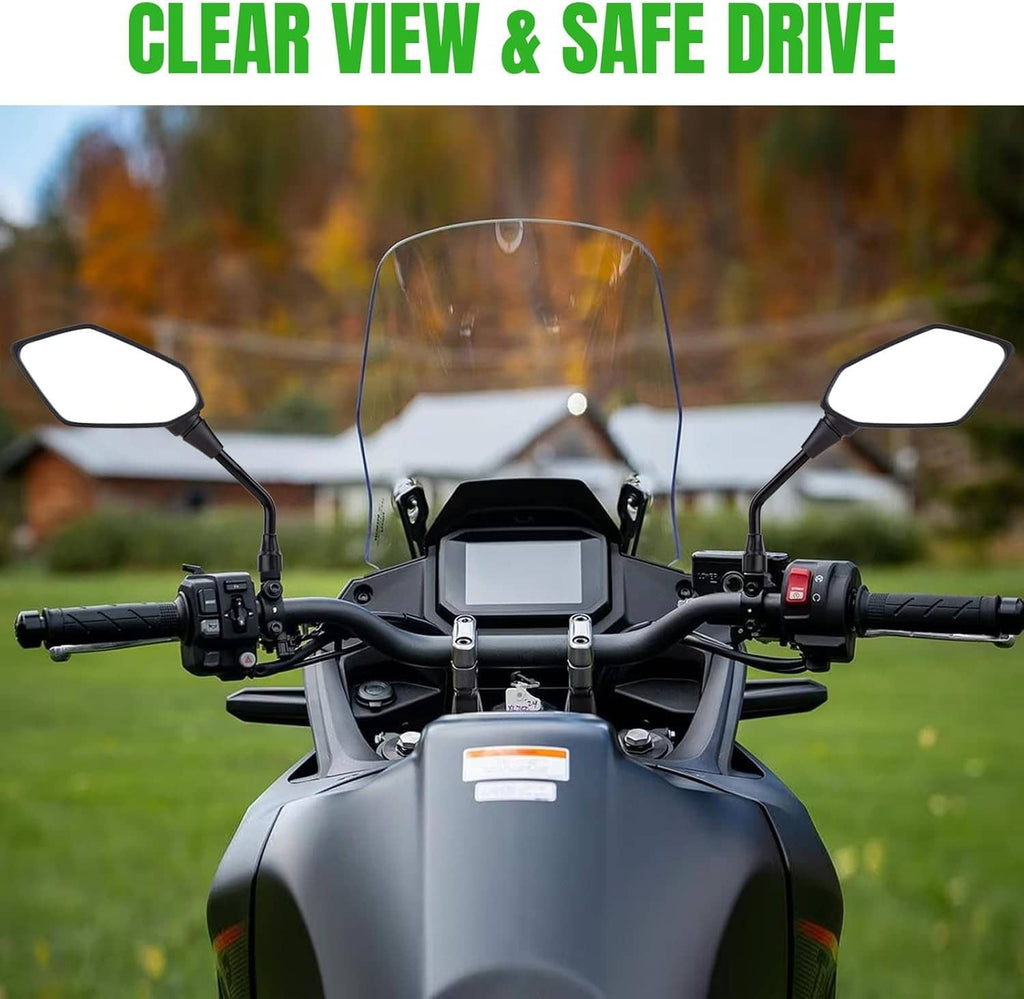 Pair of motorcycle rear-view mirrors on handlebar with central windshield
