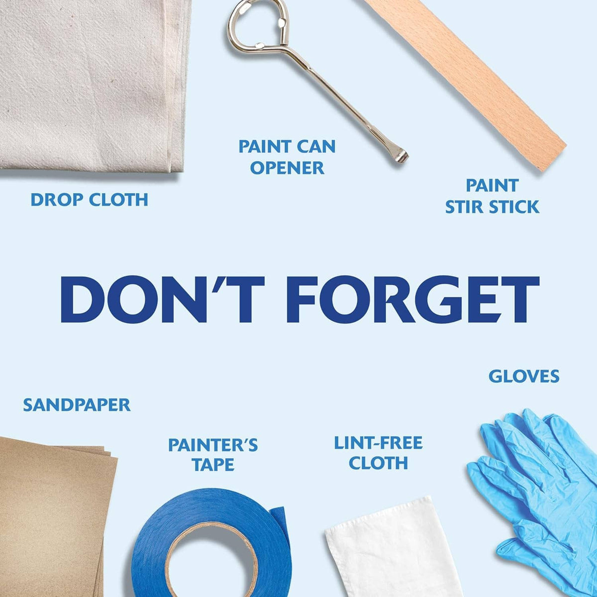 Painting supplies reminder layout with drop cloth, gloves, tape, and sanding tools.