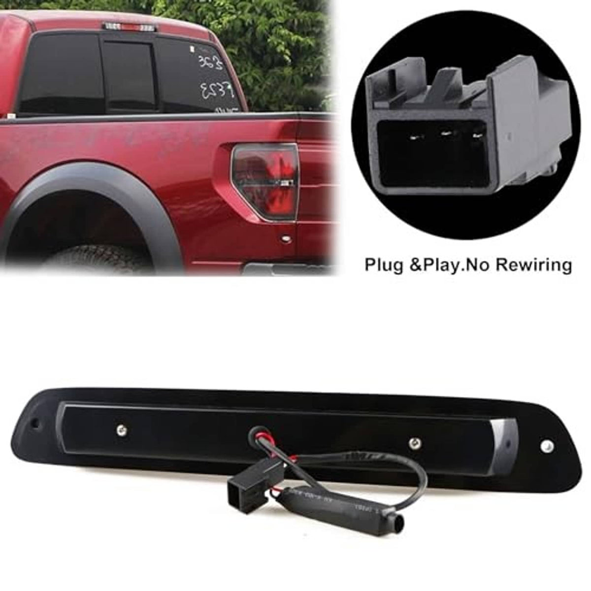 LED third brake light housing with wiring connector and harness, black mounting base