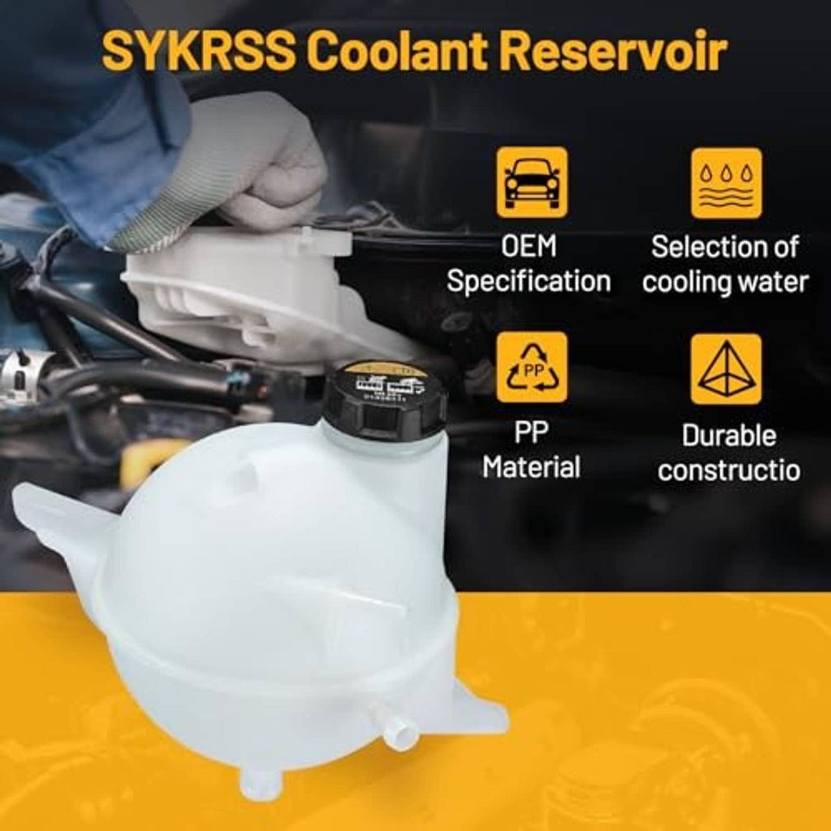 Coolant reservoir tank in engine bay, white plastic with black cap and hose neck