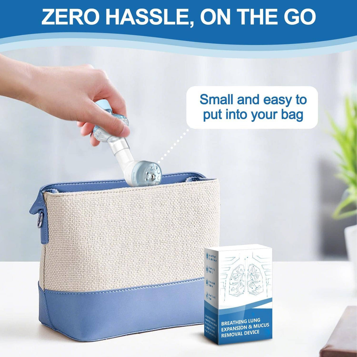 Portable breathing exercise device with mouthpiece stored in a small zipper pouch