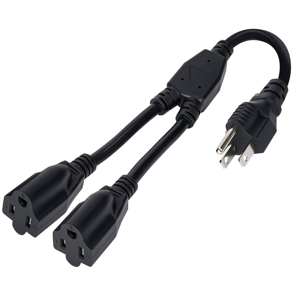 Black 3-prong Y-split power extension cord with grounded male plug and two outlets