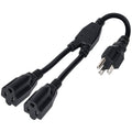 Black 3-prong Y-split power extension cord with grounded male plug and two outlets