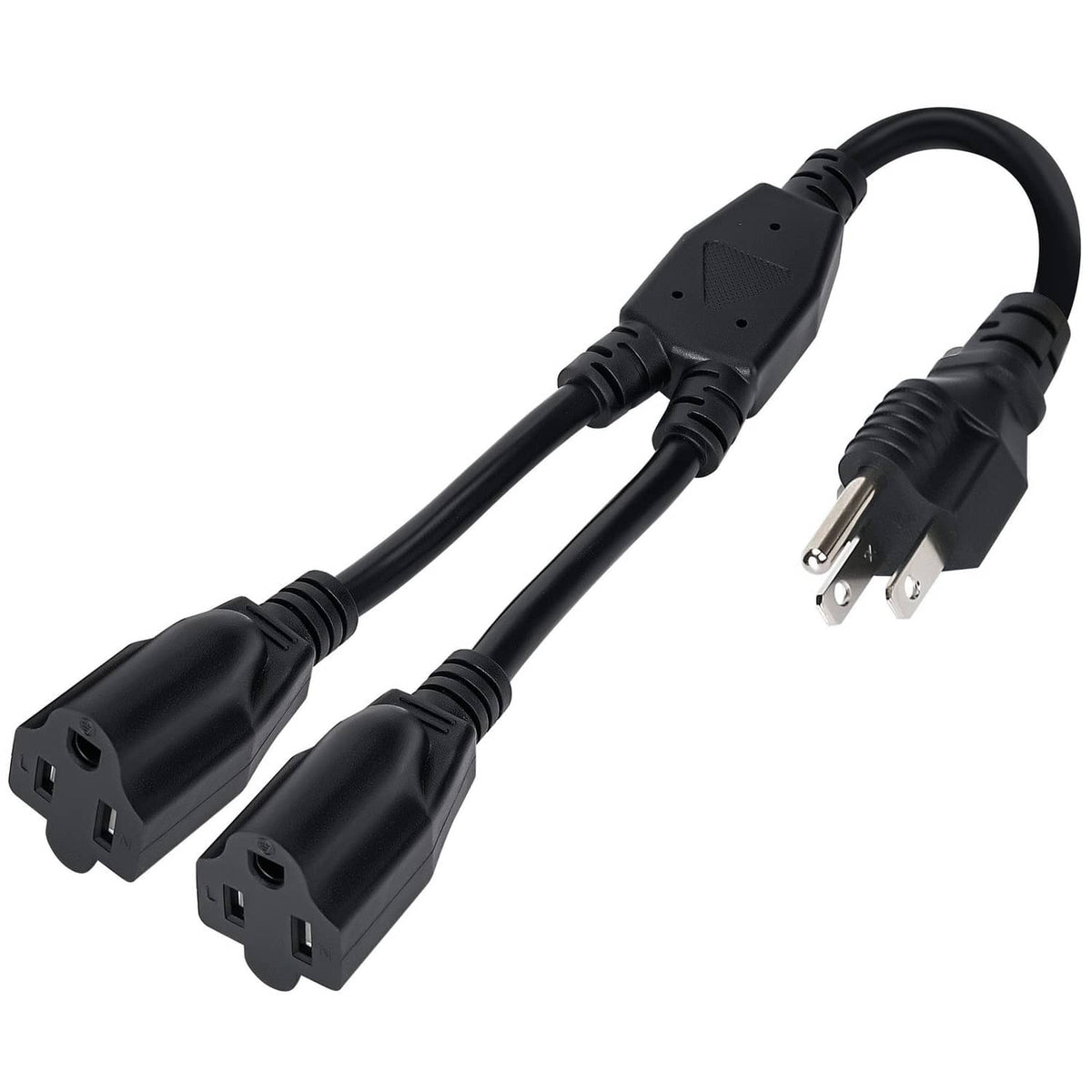 Black 3-prong Y-split power extension cord with grounded male plug and two outlets