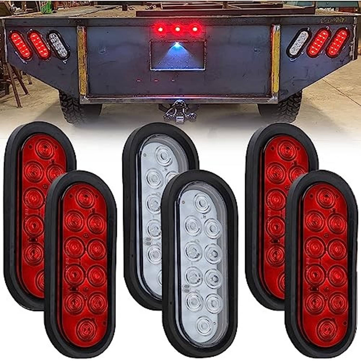 Oval LED trailer tail lights set: red and white lenses in black rubber housings, multiple units.