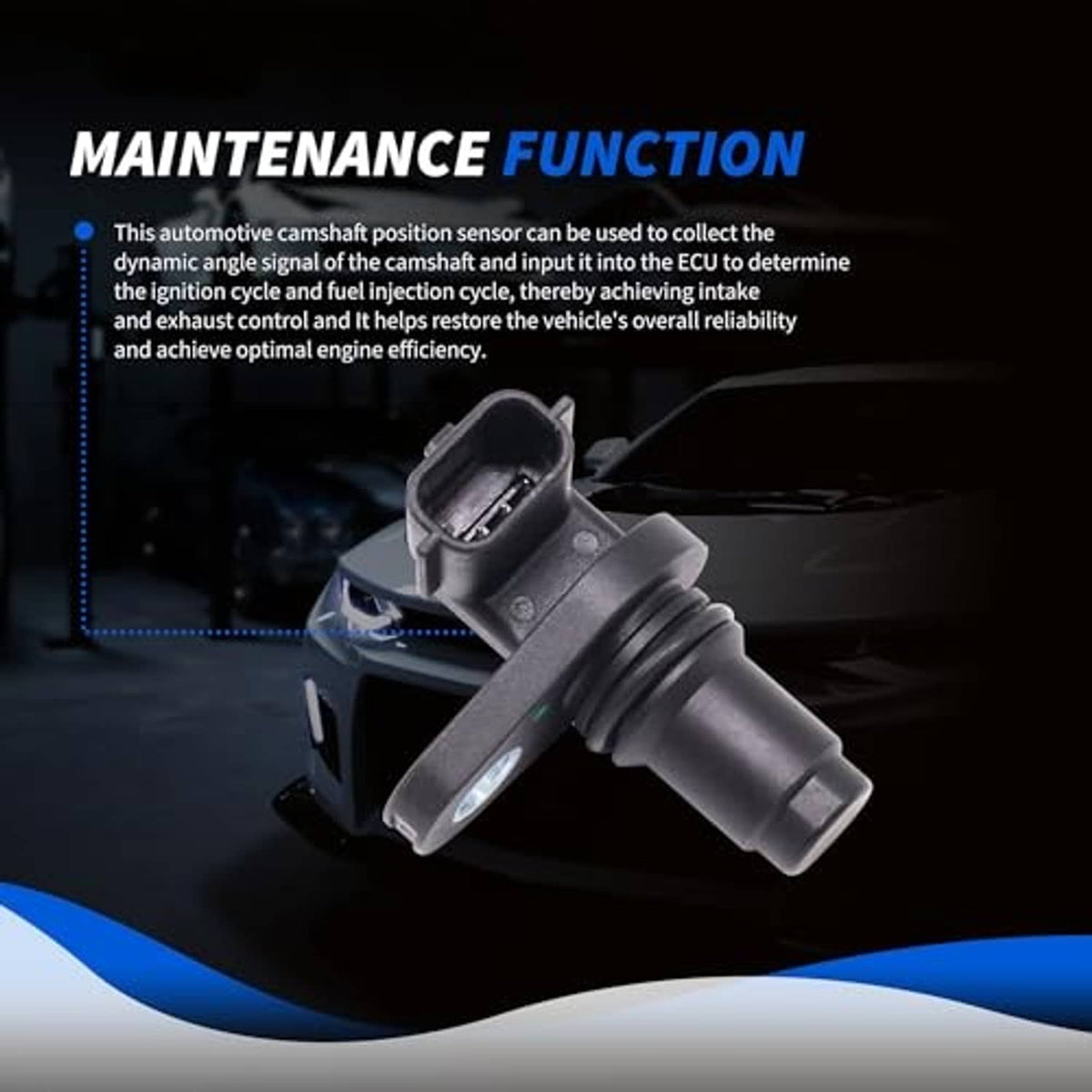 Camshaft position sensor with black housing and electrical connector plug