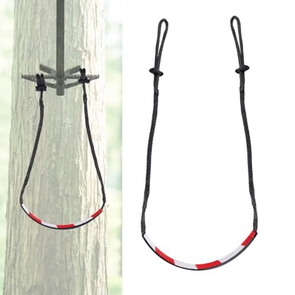 Single step climbing aider rope ladder with two handgrip straps and red-trim loop