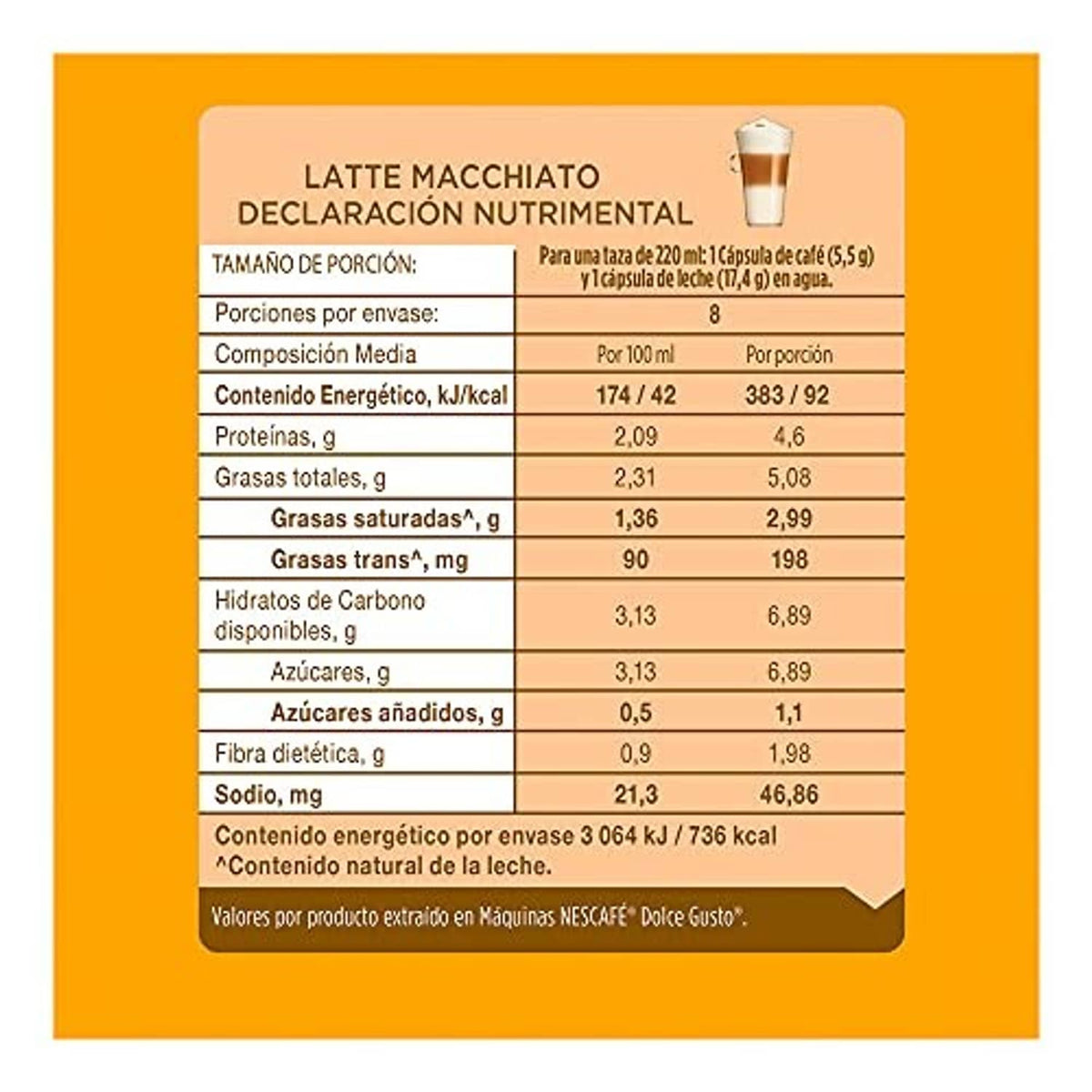 Latte macchiato coffee pod nutrition information table panel