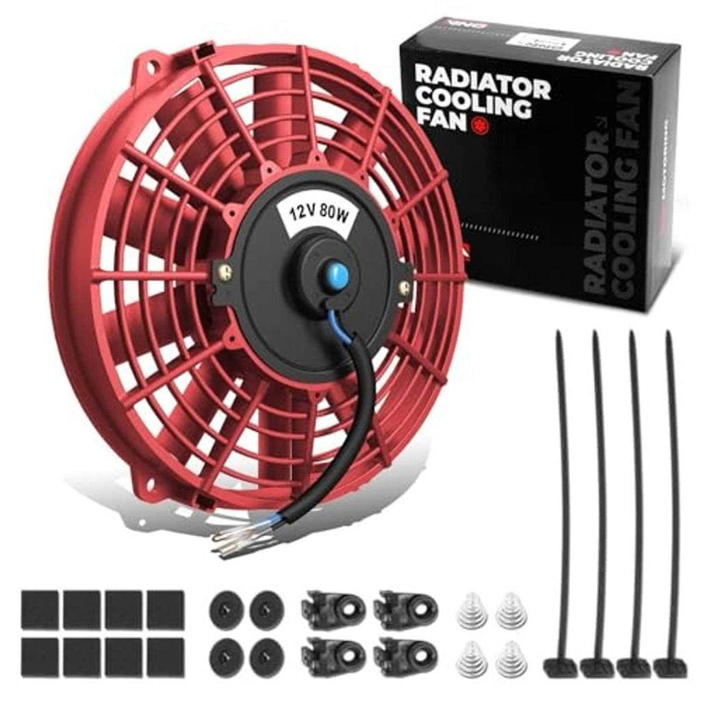7-inch electric radiator fan with red grille, black motor, and included mounting leads