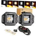 Pair of black 5-inch flush-mount LED pod lights with wiring harness and mounting brackets