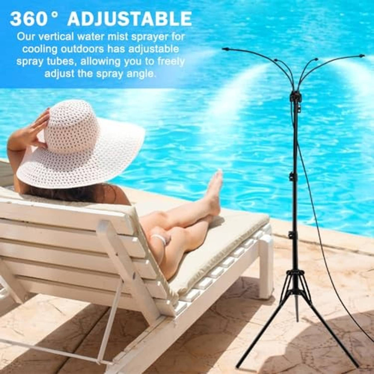 Standing outdoor misting sprayer on tripod with adjustable height pole and hoses