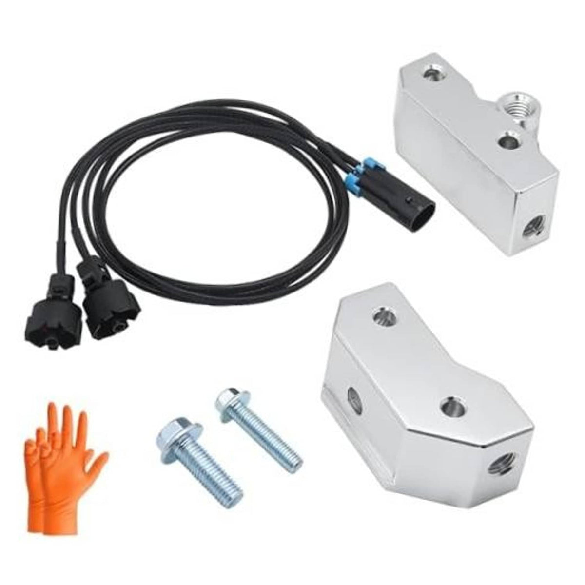 Knock sensor relocation bracket kit with wiring harness, connectors, and mounting bolts