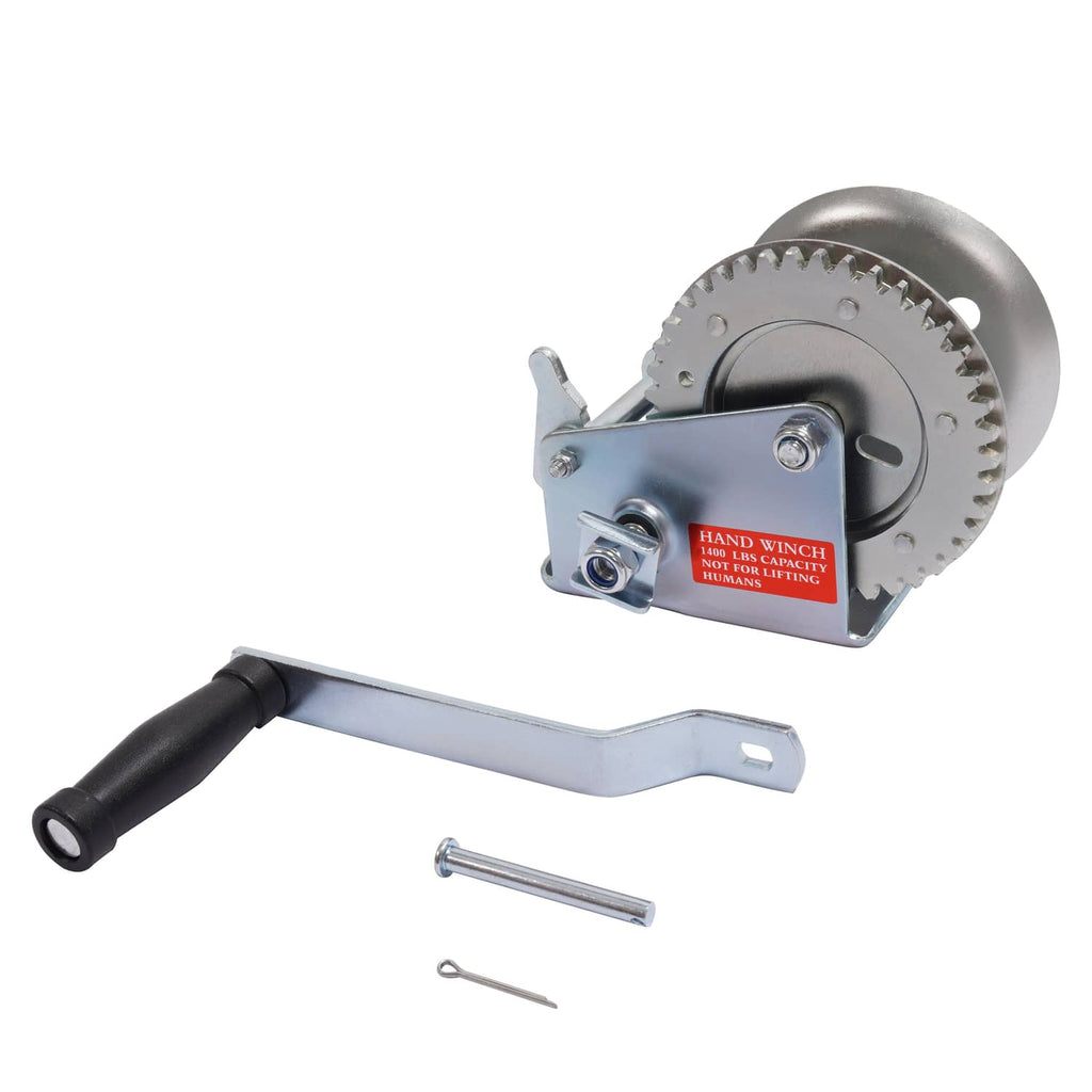 Hand winch with crank handle, ratchet drum, and included hardware for installation