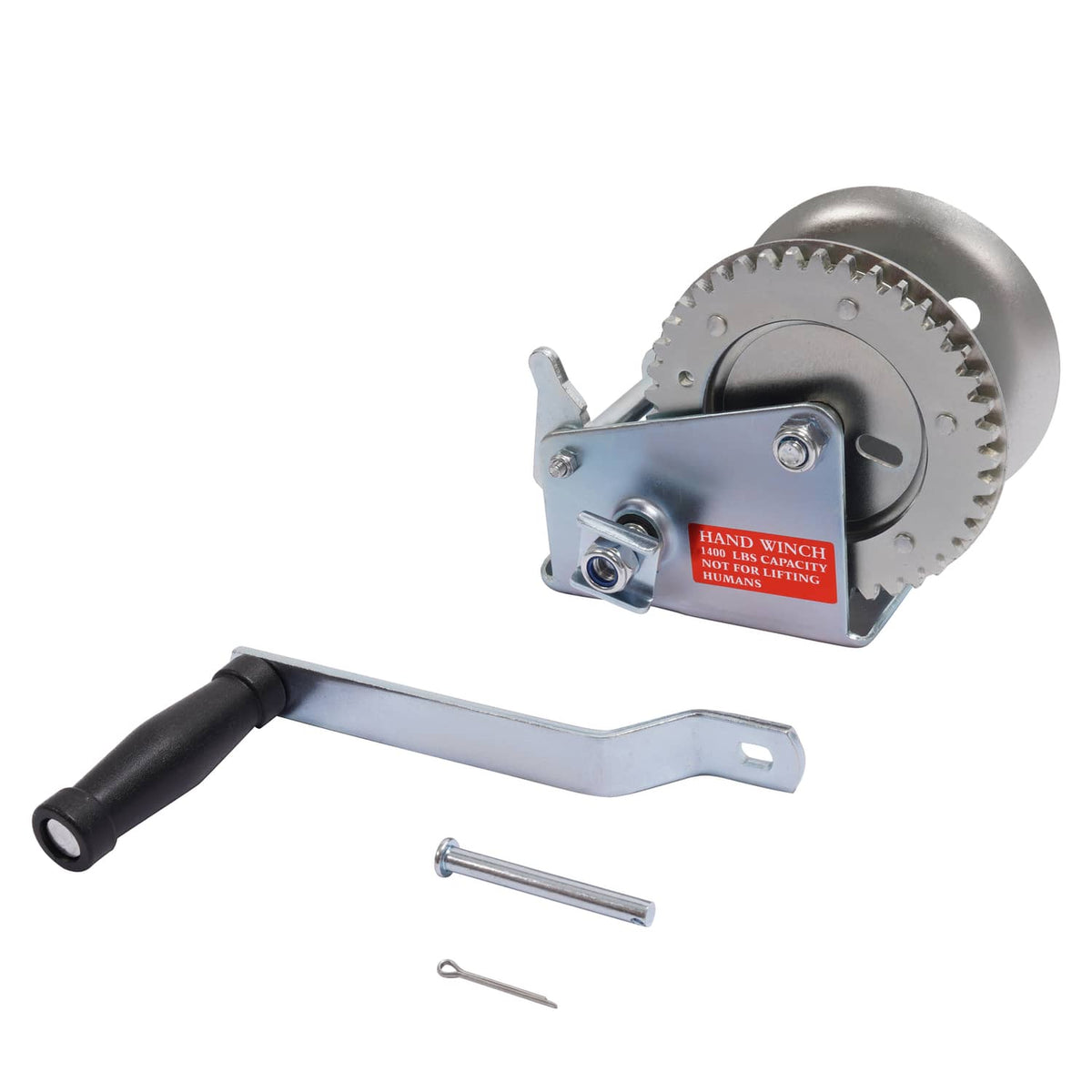 Hand winch with crank handle, ratchet drum, and included hardware for installation