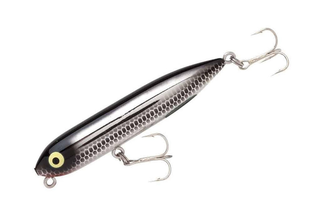 Black and silver topwater lure with two treble hooks, silver scale body
