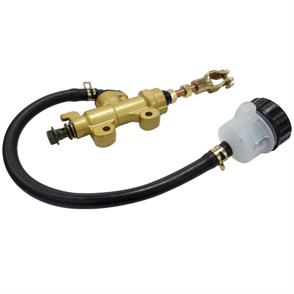 Rear brake master cylinder pump with black hose, gold housing, and silver metal linkage