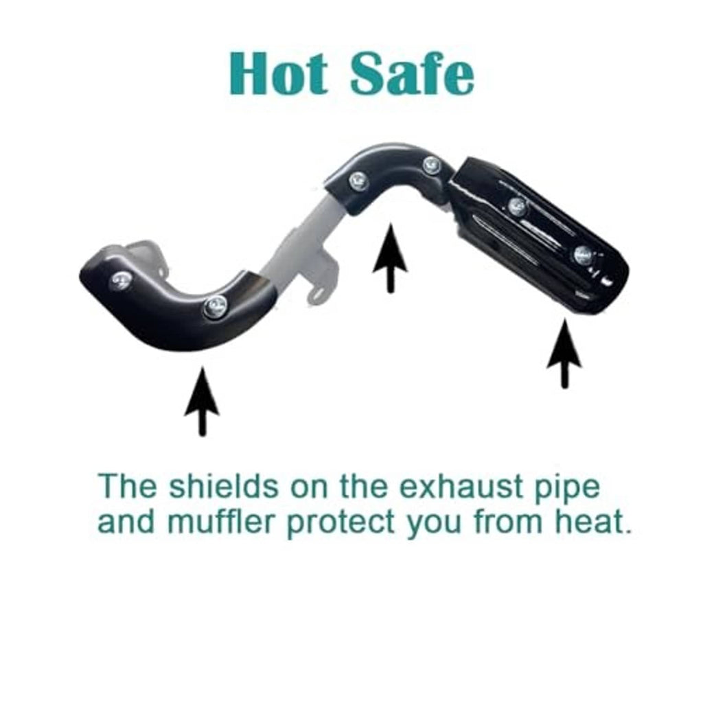 Black exhaust muffler with heat shield on outlet pipe, showing protective cover
