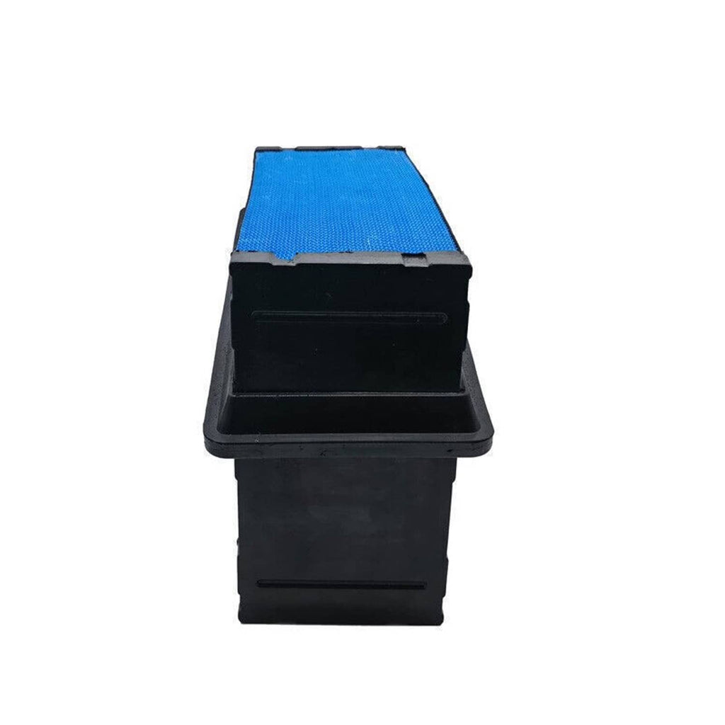 Truck engine air filter, compact black housing with blue filter top panel