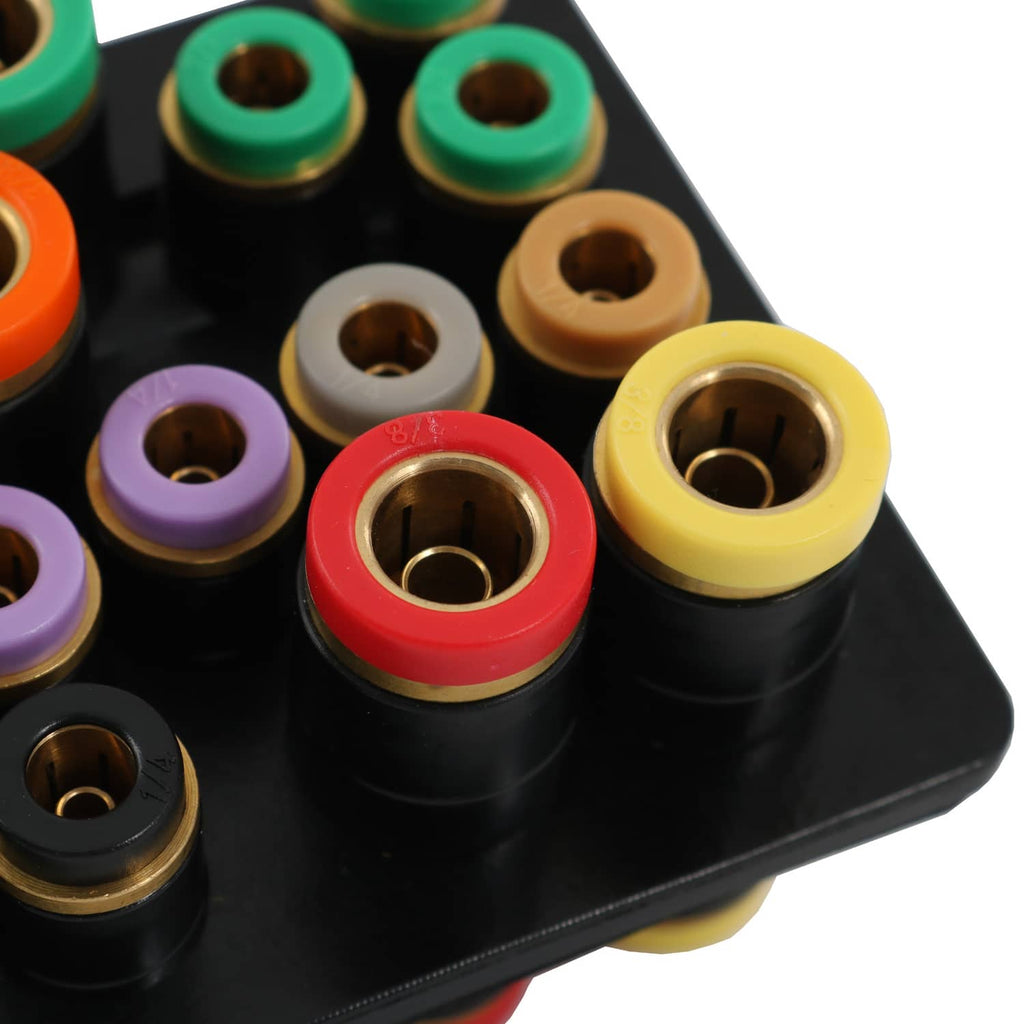 Close-up of air manifold ports showing colored rings and brass inner holes