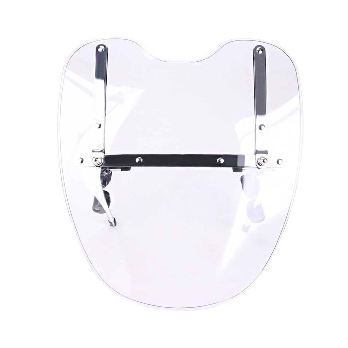 Clear motorcycle windshield panel with black support bar and silver mounting brackets.
