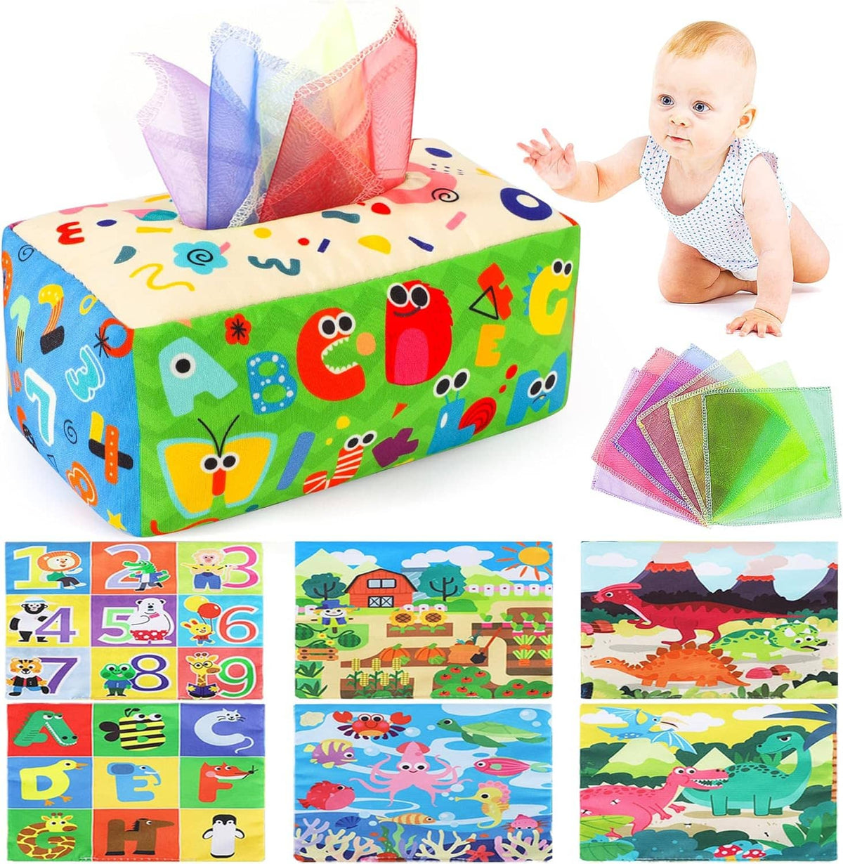 Bright tissue box toy cube showing alphabet and animal graphics with hanging mesh scarves