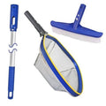 Swimming pool brush with blue head, white bristles, and telescopic aluminum pole