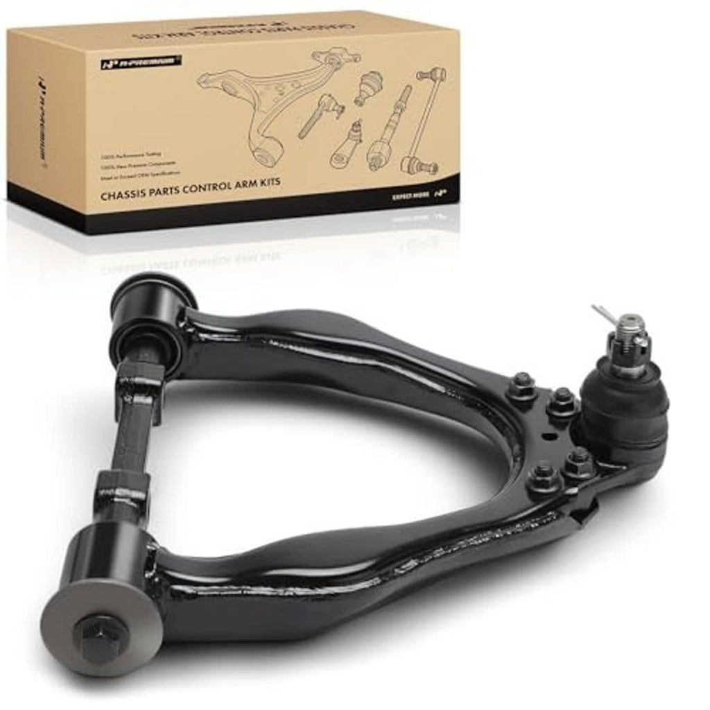 Front left upper control arm with ball joint and bushing, black steel side view