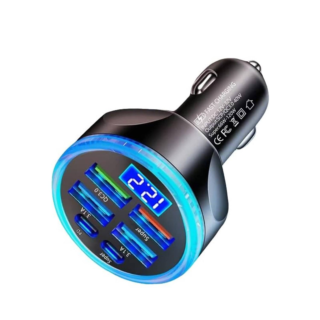 Black car USB C charger adapter with blue-lit ring and front multiport panel