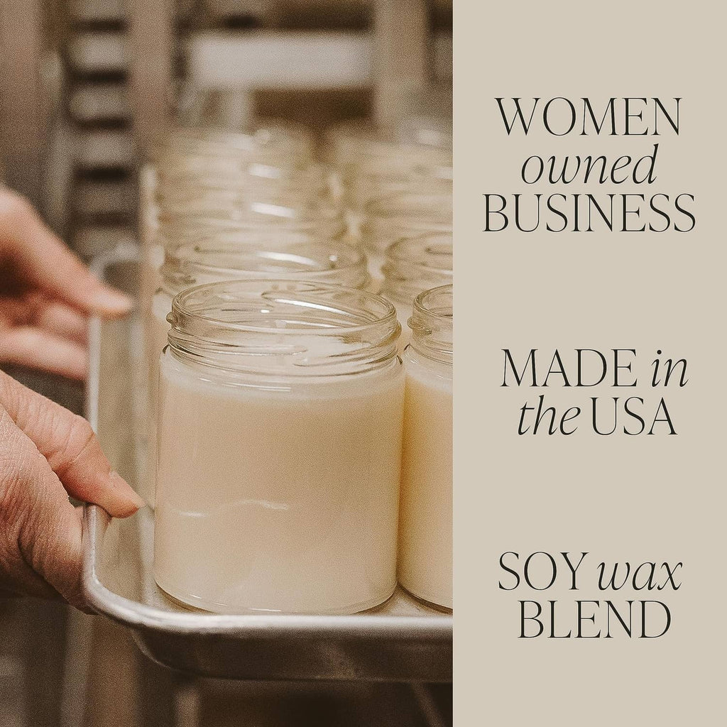 Candle jar display with text: women owned business, made in the USA, soy wax blend
