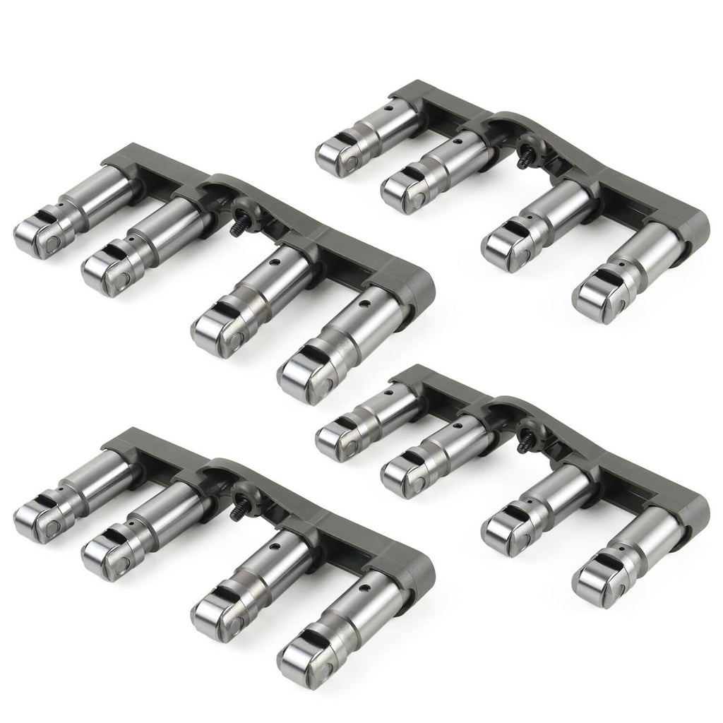 Camshaft lifter assemblies with silver roller components on black mounting bars