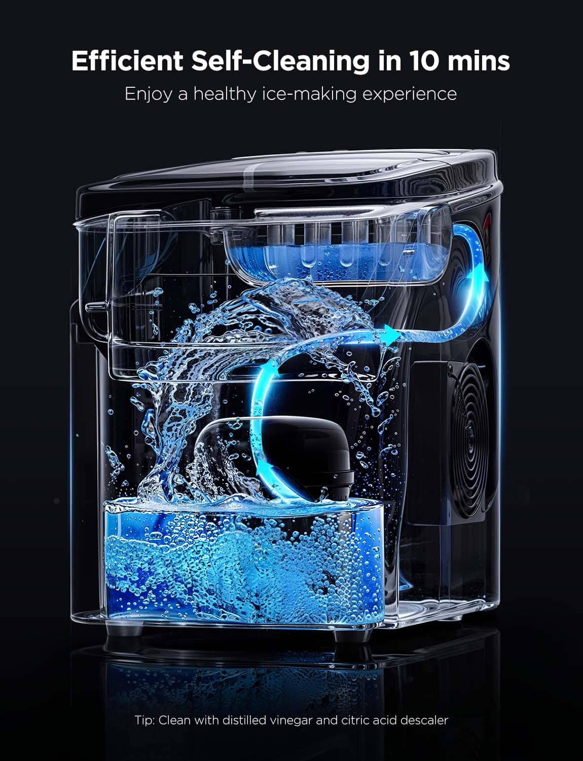 Countertop ice maker with self-cleaning cycle water splash inside clear chamber