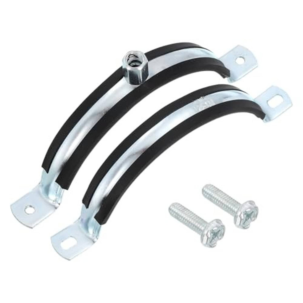 Two adjustable split-ring pipe clamps with silver mounting plates and bolts