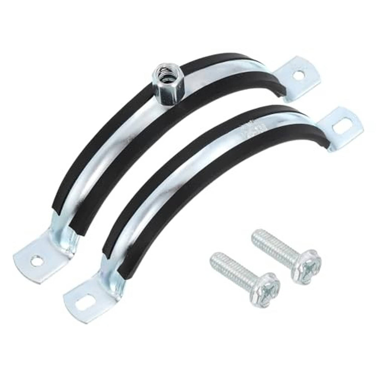 Two adjustable split-ring pipe clamps with silver mounting plates and bolts